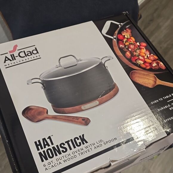 All-Clad HA1 Nonstick 6QT Dutch Oven w/Lid, Acacia Wood Trivet, & Spoon - Picture 8 of 9